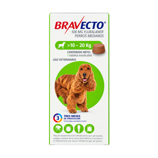 Bravecto 3M 500 mg para Perros de 10 a 20 kg | 1 Tableta