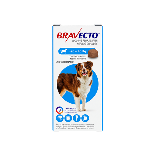 Bravecto 3M 1000 mg para Perros de 20 a 40 kg | 1 Tableta