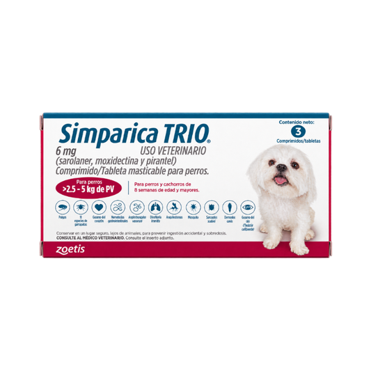 Simparica Trio 6 mg  para Perros de 2.5 a 5 kg | 3 Tabletas